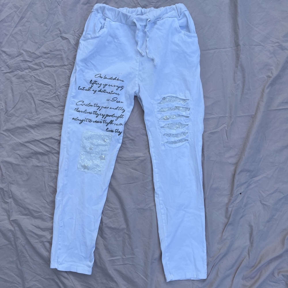 White Joggers with Sequins and Quote